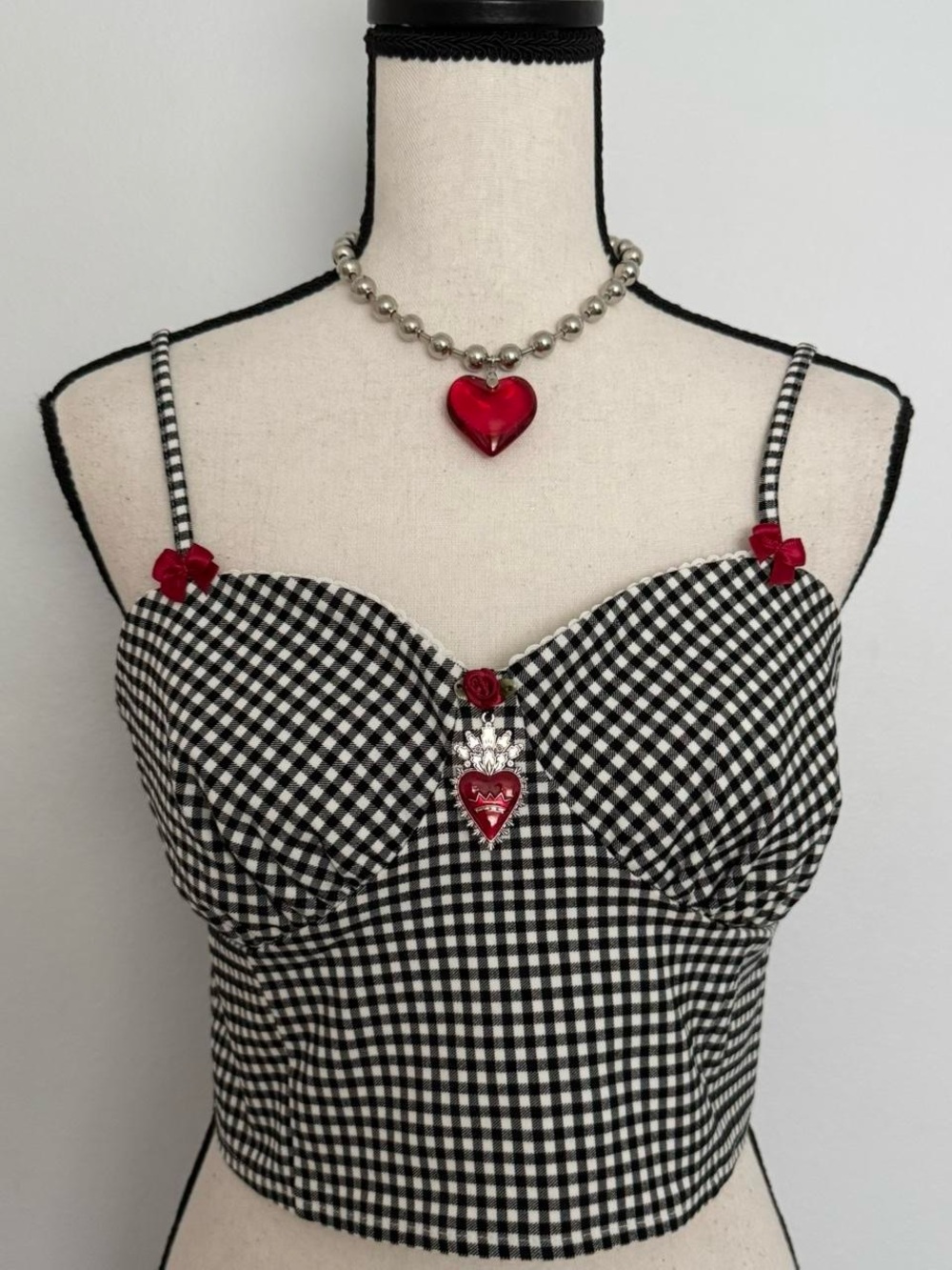 Black & White Gingham Sweetheart Crop Top with Red Heart Accents